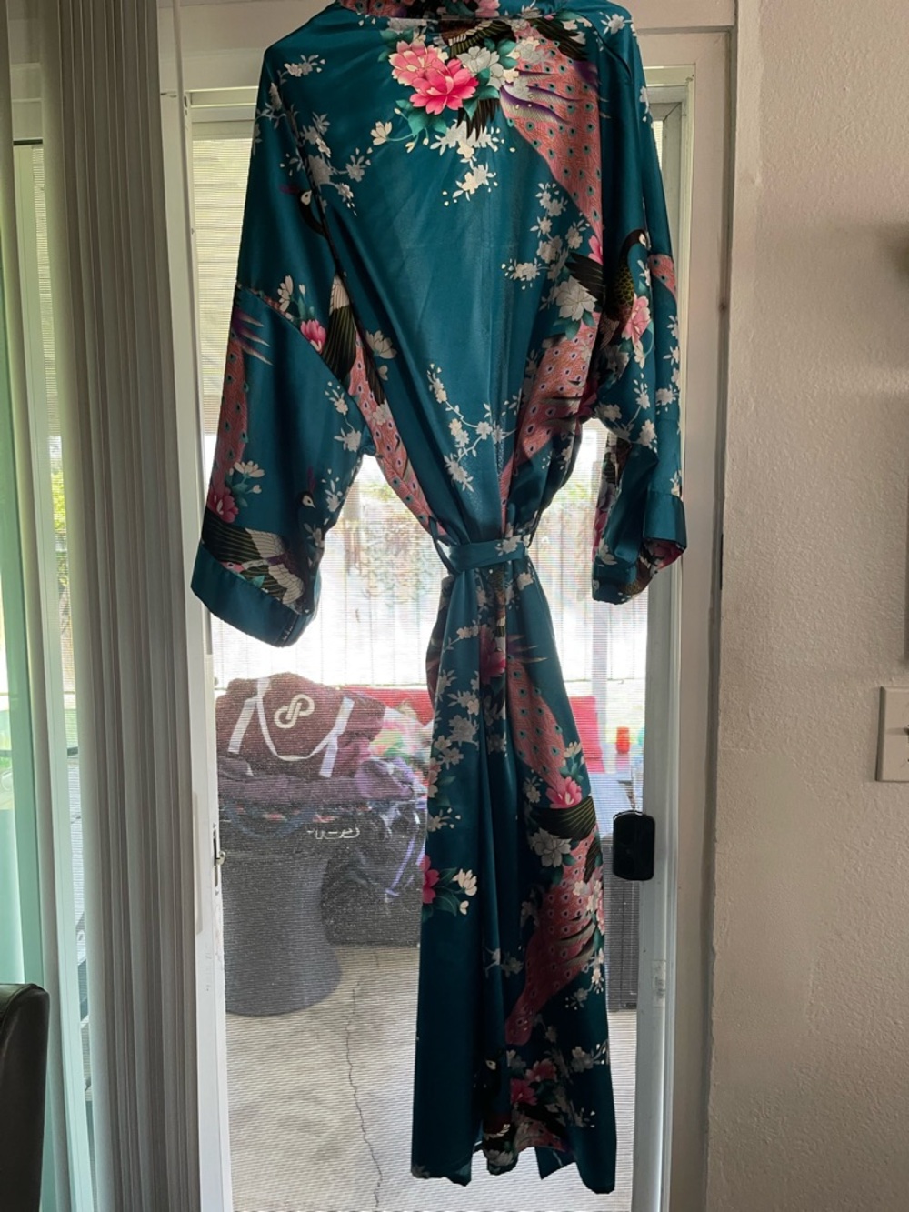 Silk-Feel Floral Kimono Robe in Teal - Picture 4 of 7